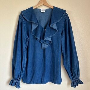 80s Clio size S Shirt Denim Ruffle Balloon Blue Cotton USA Western Boho Chloe